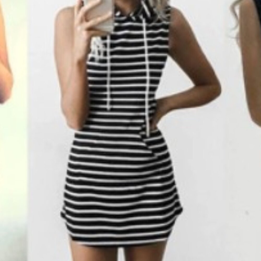 Casual Sweatshirt Sleeveless Hooded Mini Tank Dress with Drawstring Collar